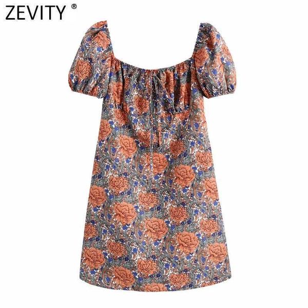 Zevity Women Vintage Totem Floral Print Casual Slim Mini Dress Donna Chic Puff Sleeve Back Elastic Summer Vestidos DS8260 210603