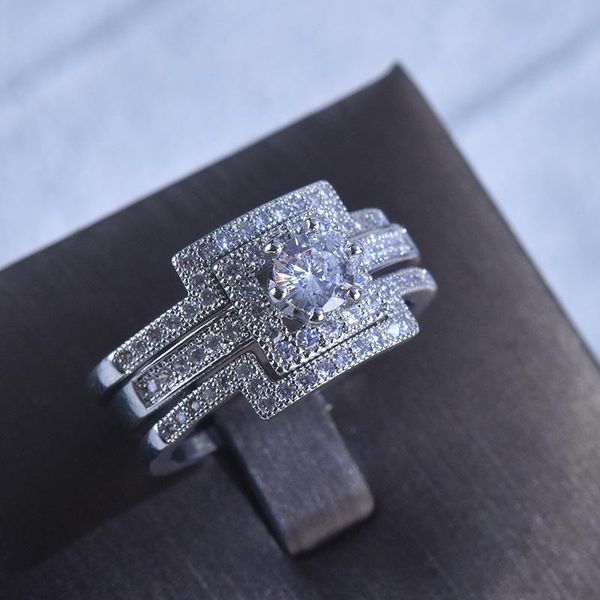 

cluster rings npkds female original design 925 sterling silver ring stackable 3 in 1 engagement wedding set for women band jewelry, Golden;silver