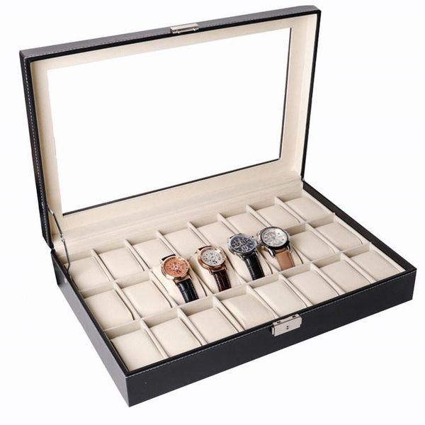 

watch boxes & cases 24 bit leather case storage display glasses, Black;blue