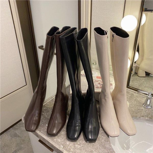 

boots winter lady women's rubber shoes rain zipper thigh high heels boots-women 2021 leather autumn over-the-knee, Black