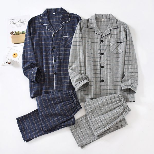 

2021 new spring and autumn men's plaid pajamas, cotton flannel home service large size long-sleeved trousers soft suit sleep wear men 5, Black;brown