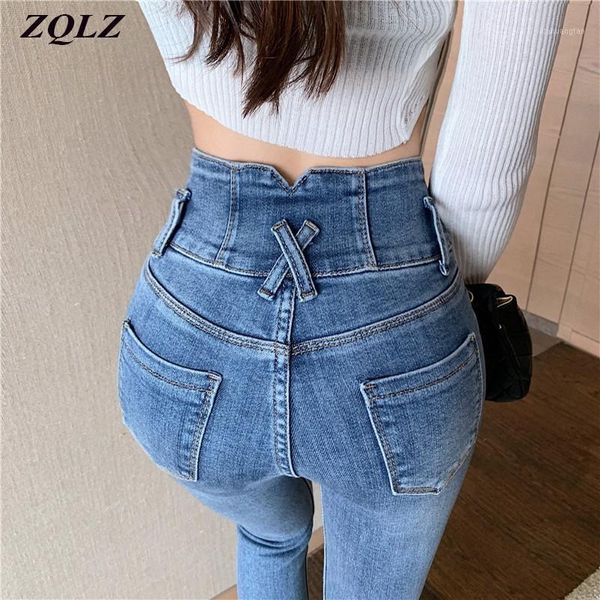 Moda Yüksek Bel Denim Skinny Kot Kadın 2021 Kore Seksi Kalem Pantolon Kadın Streetwear Highwaist Jean Pantolon Kadın Kadınlar