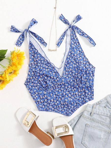 

ditsy floral tie shoulder rib-knit tank 77zg#, White