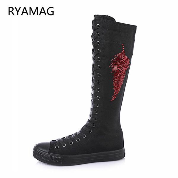 

boots ryamag 2021 women's canvas long dance shoes flats rhinestone leaves zipper comfortable vulcanize sneakers, Black