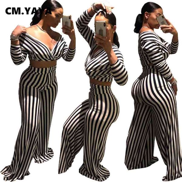

cm.yaya aumutn women set striped full sleeve fashion loose pants deep v-neck women two set 210709, White