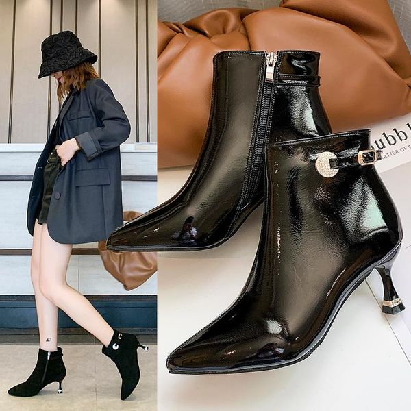 

boots gufasa stiletto thin heels women pu heel pointed toe ankle shoes woman fashion 2021 fur booties female, Black