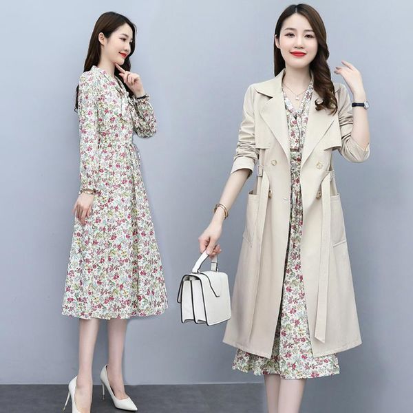 

women's trench coats 2021 autumn elegant style collar fashion personality floral print coat two-piece suit, Tan;black
