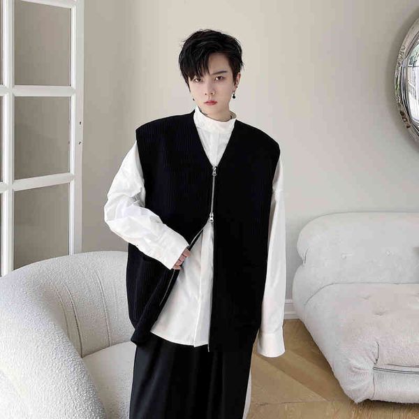 

men's sweaters men double head zipper knitted vest cardigan vintage fashion loose casual sleeveless sweater jacket man women waistcoat, White;black