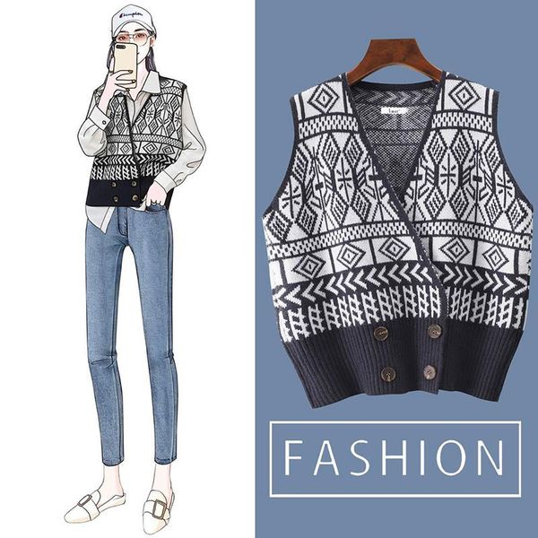 

retro pattern wild sweet v-neck knitted vest women, Black;white