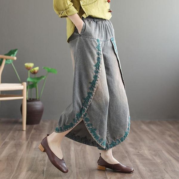 

ethnic feng shui washed old embroidered women's large loose irregular nine point wide leg pants, Blue