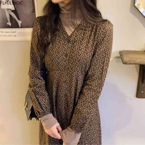 

casual dresses feminine vestidos chic korean women fashion temperament lady v neck a line floral printing retro vintage long n2273, Black;gray