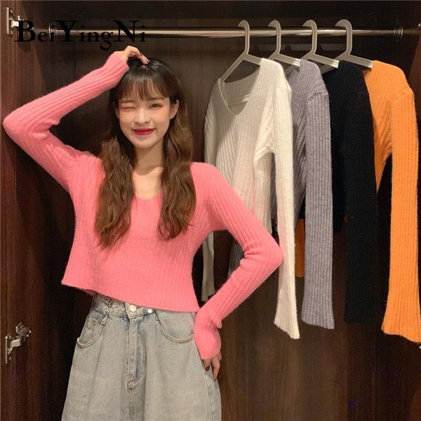 

beiyingni korean sweater women plain vintage cropped ladies long sleeve knitwear all-match thin pullovers mujer jumper, White;black