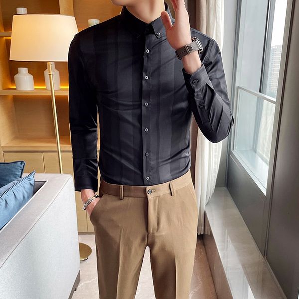 

New Preto/vermelho Luxo Manga Longa Listras Largas Camisas Para Roupas Masculinas Simples Fino Ajuste Vestido Formal 3xl 6AYU, Black;brown