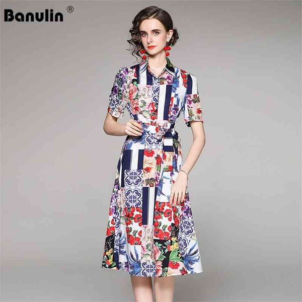 

banulin runway fashion summer midi dress women short sleeve floral print bow belt casual elegant shirt 210603, Black;gray