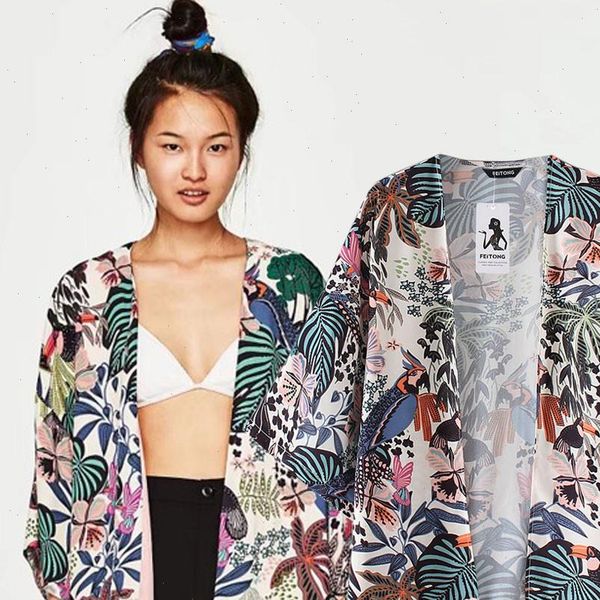 

beach chiffon kimono cardigan cover up wrap sun shirt fashion women blouse shirt 2019 women half sleeve floral printed shirt, White