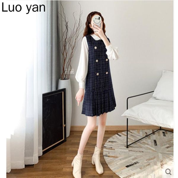 

casual dresses luo yan plus size office ladies elegant tweed women vintage long sleeve patchwork pleated korean dress female vestidos, Black;gray