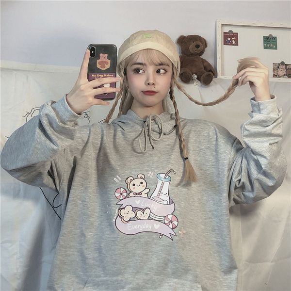 

2021 new cute college style loose wild cartoon print hooded sweatshirt autumn fall shoulder sleeve fashion mrqr, Black