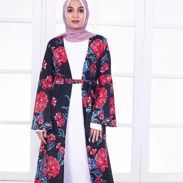 

ethnic clothing 2021 middle east women's wear muslim dubai islamic turkey printed black cardigan gown american, Red