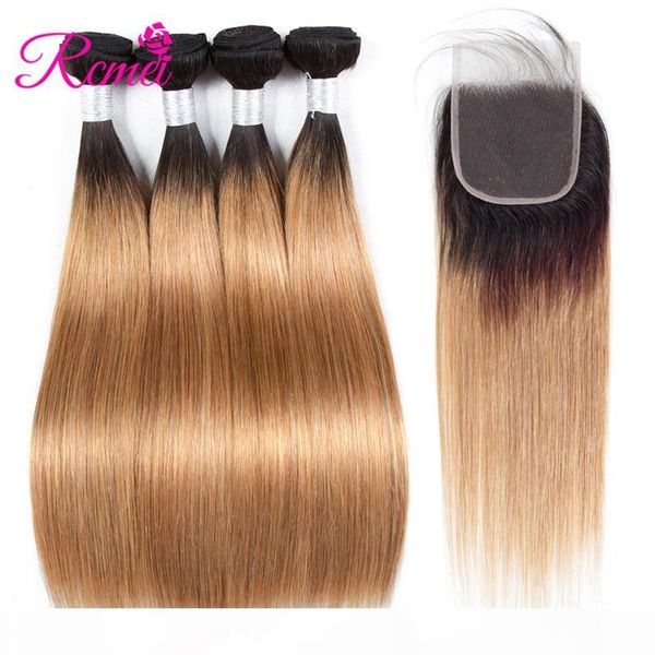 

1b 27 colored bundles with closure brazilian straight human hair 4 weave bundles with 4*4 lace closure two tone black roots, Black;brown