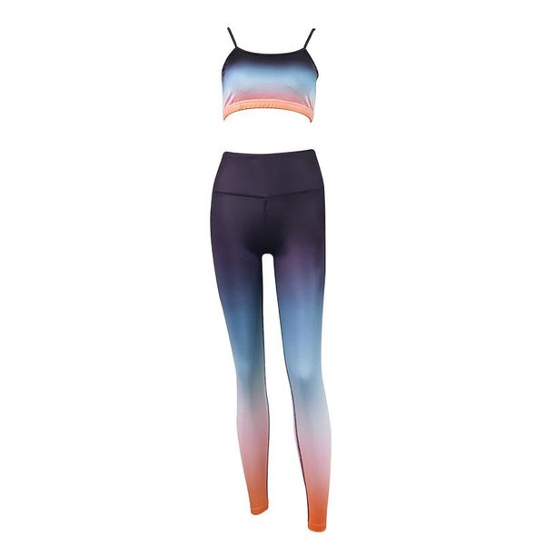 

yoga outfit women gradient color suit spaghetti straps open back removable pads sport bra and pants set for gym fitness running