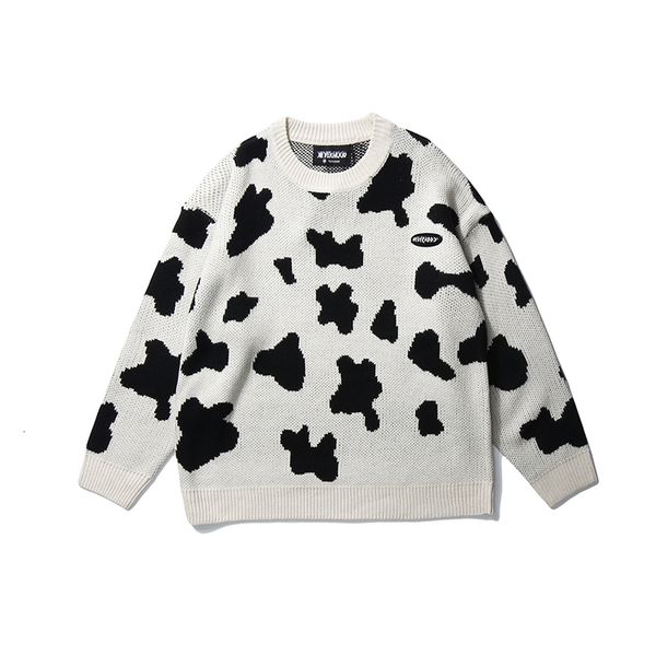 

2021 new japanese retro loose cow pattern round neck sweaters men and women pullover knitted oversize casual sweater rjgd, White;black