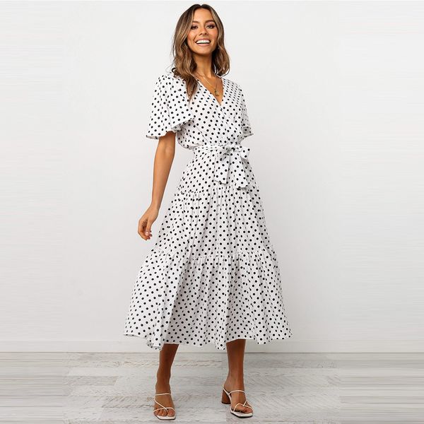 

2021 new dot butterfly sleeve summer women office lady ruffles v-neck lace up mid-calf 0eca, Black;gray
