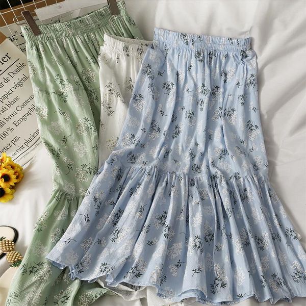 

skirts fashion retro print mid-length long skirt women casual 2021 elastic waist thin vintage a-line beach female, Black