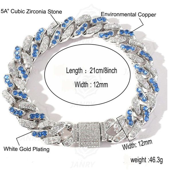 

link, chain janry 12mm women men iced out blue silver cubic zirconia stone bracelet hip hop jewelry cz charms, Black