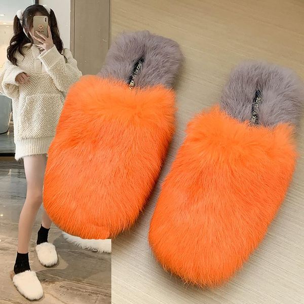 

slippers female shoes casual low slides lady rubber flip flops fur sliders 2021 luxury massage girl hawaiian plush fashion autum, Black