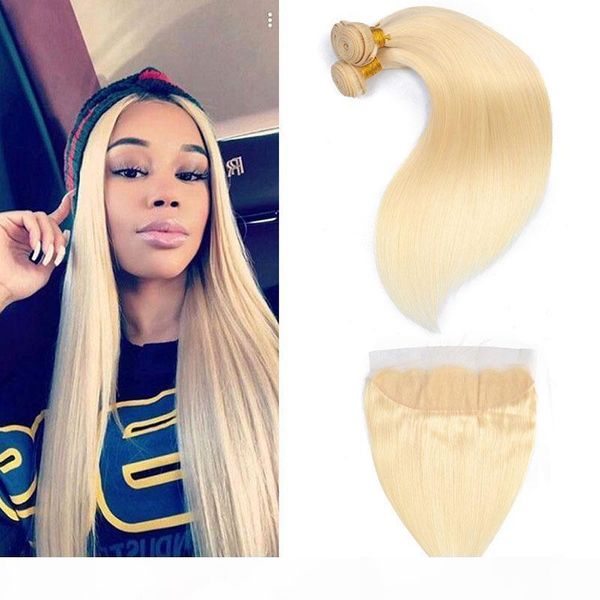 

peruvian human hair extensions 2 bundles with blonde 13*4 lace frontal straight hair products 10-30inch 613# blonde, Black;brown