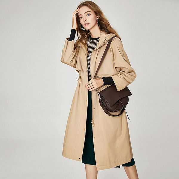 

women's trench coats windbreaker women coat 100% cotton shell plus size classical design hooded turn-down collar sashes elegant wind, Tan;black