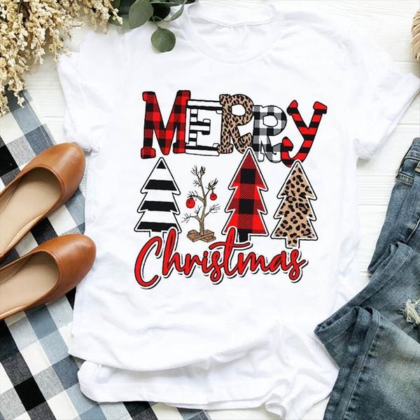 

christmas plaid leopard tree womens t shirt print short sleeve o neck loose summer tee camisetas mujer, White