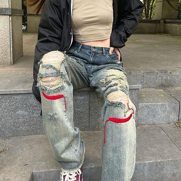 

women's jeans straight jean femme girl hip hop high street y2k wide leg ripped baggy for women loose pants streetwear, Blue