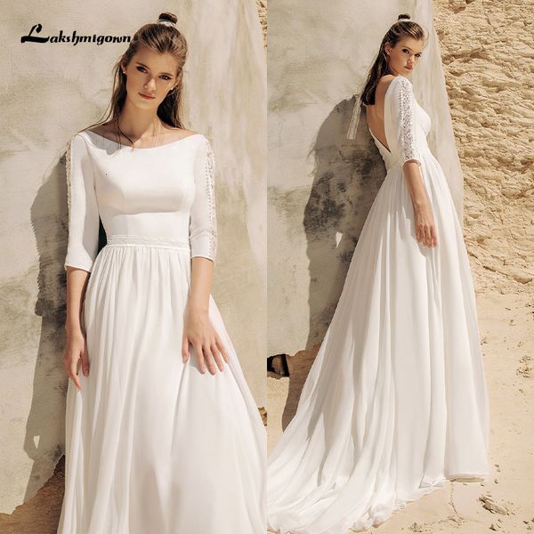 

new boho wedding vestido de novia 2021 vintage chiffon gowns robe longue simple bridal half sleeve kggb, White