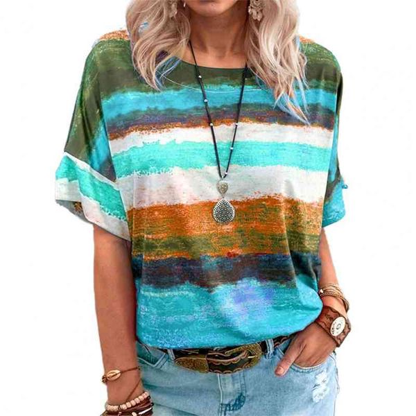 

Women Contrast Color Print Summer Loose Round Neck T-shirt Elegant Vintage Short Sleeve Pullover Female Casual Streetwear, White