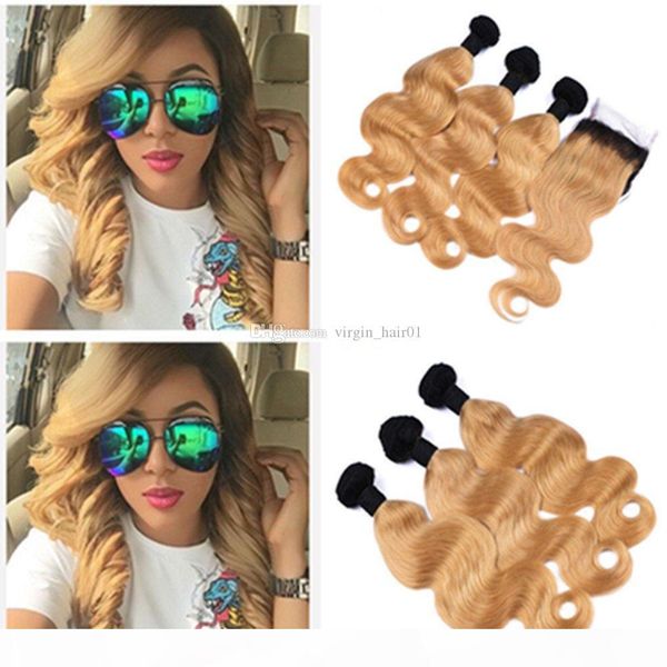 

#27 honey blonde body wave hair weave with lace closure #1b 27 two tone hair with body wave closure middle 3part, Black;brown