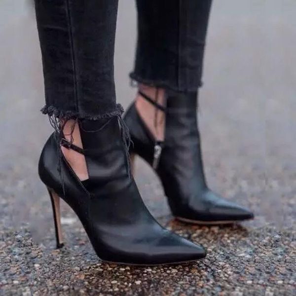 

boots solid color leather ankle woman spring autumn 2021 fashion buckle pointed toe stiletto high heels feale top, Black