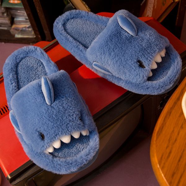 

designer shoes 2021 new couples shark shoes cute flurry slippers men winter fur slides blue warm house indoor slippers pl, Black