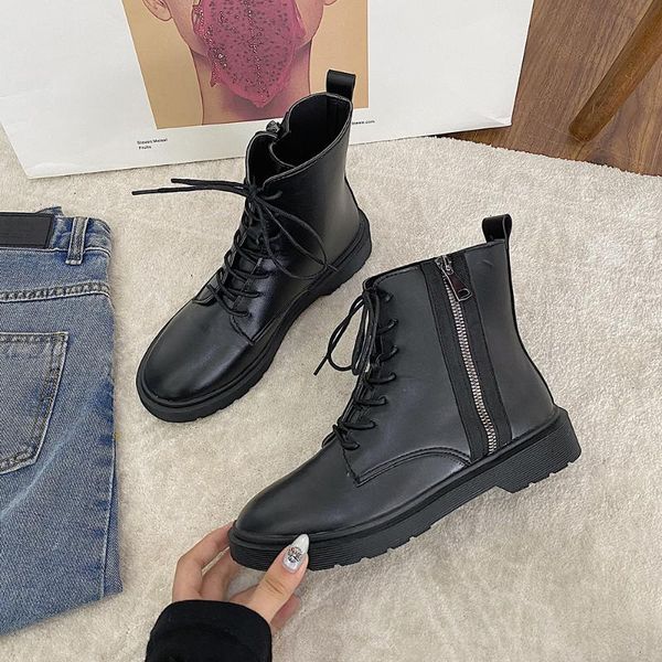 

women's rubber boots rock shoes woman boots-women zipper low heels booties winter footwear luxury designer booties, Black