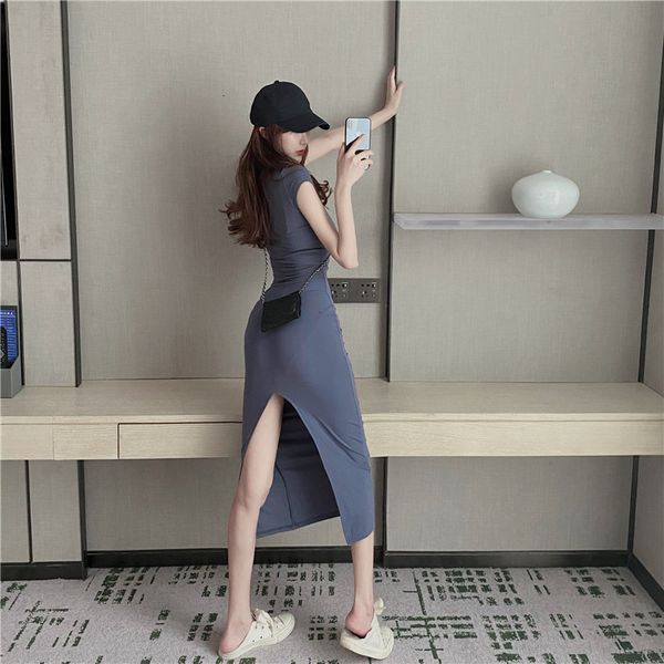 

new 2021 summer short sleeve o neck stretchy split women solid casual elegant robe bodycon maxi vestidos 5tz5, Black;gray