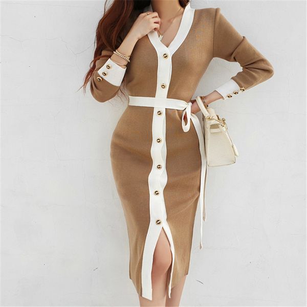 

streetwear new slim color-hit lace up 2021 female elegance fashion gentle chic knitted women long es s3co, Black;gray