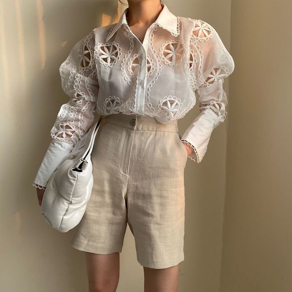 

new 2021 female bow sleeved sleeves long turn-down collar sleeve white flower jacquard retro shirt shreds xh4y, White;black