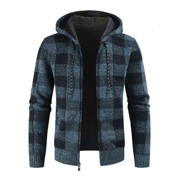 

20212020 winter new men's cashmere thickened cardigan sweater hooded casual plaid knitted coat, White;black