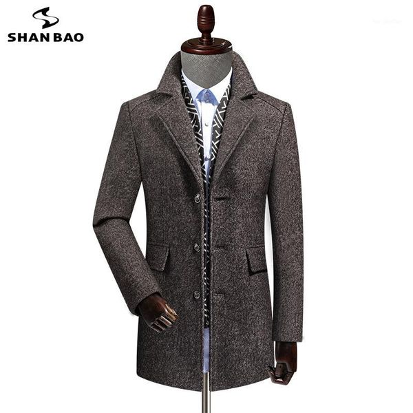 

men's wool & blends shan bao winter thick warm scarf collar long coat business casual brand clothing men's slim lapel classic came, Black