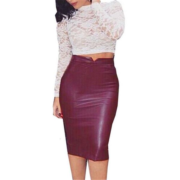 

skirts women pu leather long skirt solid color high waist slim hip pencil vintage bodycon black clubwear