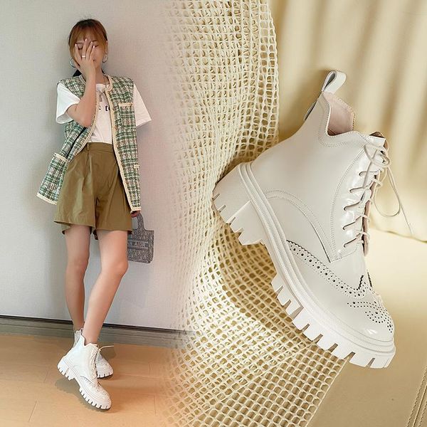 

boots lace-up women fashion carved pattern brogues round toe platform ankle winter shoes zapatos de mujer, Black