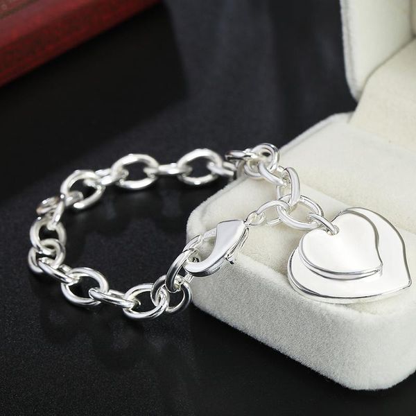 

charm bracelets style 925 sterling silver double heart pendant bracelet for women wedding engagement fashion glamour party jewelry, Golden;silver