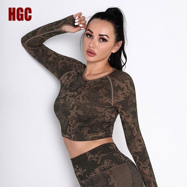 

yoga outfit camouflage sports women seamless shirt long sleeve elastic thumb holes breathable gym clothes running fitness blouse