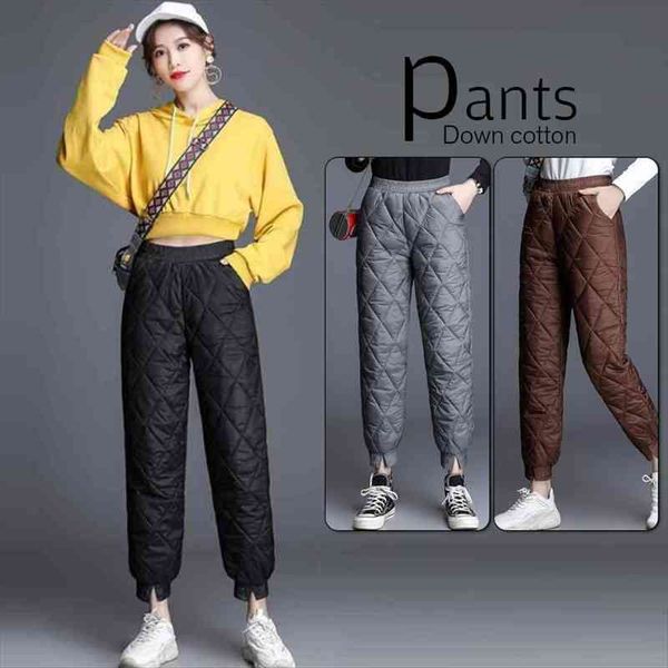 

women winter windproof warm down cotton pants padded quilted trousers elastic waist casual sweatpants, Black;white