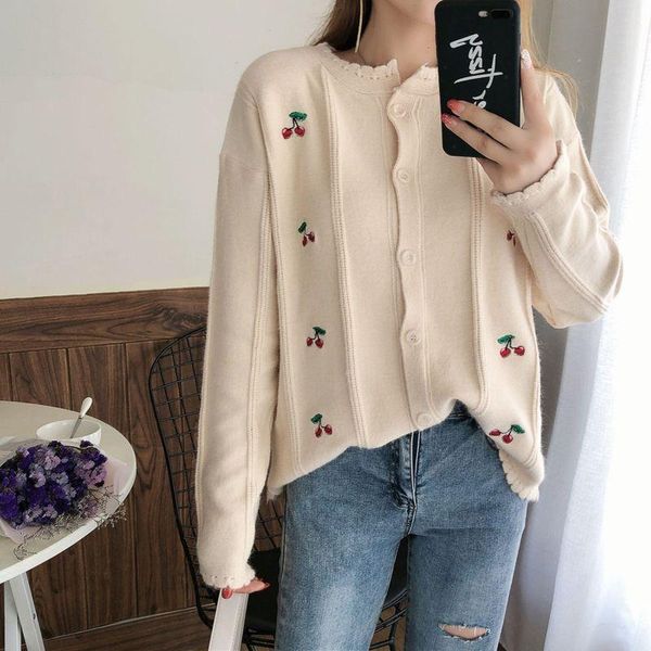 

otoño 2021 nueva versión coreana suelta dulce corte age cherry bordado cardigan abrigo mujeres perezoso suéter, White